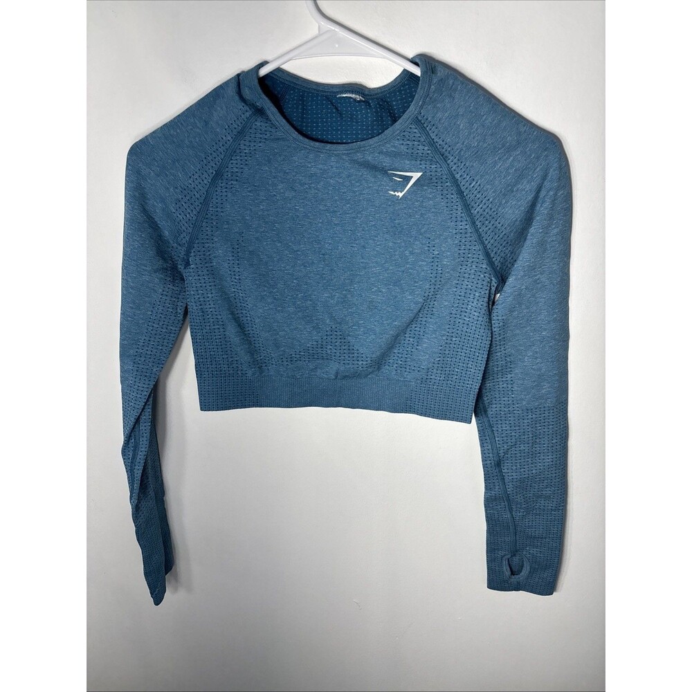 Gymshark Crop Top Womens Sz M Vital 2.0 Seamless Long Sleeve Blue Gym Workout